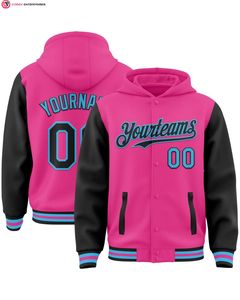 Veste à capuche bicolore de haute qualité noir rose-blanc Full-Snap Varsity Letterman 100% coton broderie placement avant - Product Image 4
