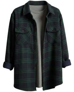 Chemise-veste en flanelle à carreaux vert foncé et noir personnalisée pour homme, manches longues, boutonnée, chaude, avec deux poches poitrine - Product Image 1