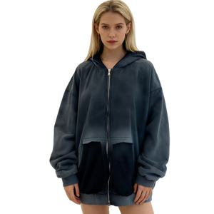 Sweat à capuche zippé pour femme, effet délavé, en coton French Terry 350GSM, style streetwear, fournisseur OEM sur mesure - Product Image 1