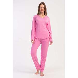 Ensemble de pyjama en viscose pour femme, manches longues, col long, avec poches sur les manches - Rose - Rose - Product Image 1