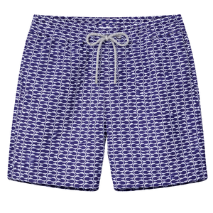 Shorts de bain recyclés pour hommes, motif écailles de poisson bleues, séchage rapide, avec taille élastique et poches à cordon - Product Image 1
