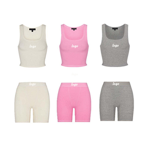 Set Due Pezzi Personalizzati con Logo Ricamato, Top Corto e Leggings Estivi a Costine per Donna, Completi Casual da Casa per Donna - Product Image 2
