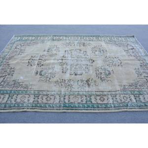 พรมตุรกีวินเทจขน5.9x9.1ft สีเขียวเบจทอลายเรียบมีการเย็บปะติดปะต่อกันสำหรับตกแต่งห้องนั่งเล่น - Product Image 3