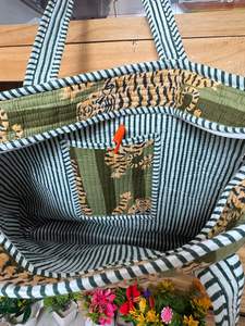 กระเป๋าโท้ทลายเสือคันธา สีเขียว ผ้าฝ้ายลายเสือแบบควิลท์ กระเป๋าโท้ทลายเสือสีเขียว กระเป๋าโท้ทสะพายไหล่ลายเสือ - Product Image 2