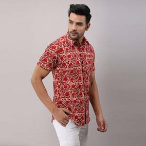 Men's Casual Red Cotton Floral Printed <b>Shirt</b> Woven Poplin Fabric Breathable XL Size Digital Printing Single Piece Package - Product Image 4