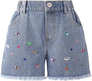 Girl's <b>High</b> <b>Waist</b> Straight Leg Jean <b>Shorts</b> Breathable Mid Knitted <b>Denim</b> Casual Summer Raw Trim Rhinestone <b>Ripped</b> Raw Trim Design - Product Image 1