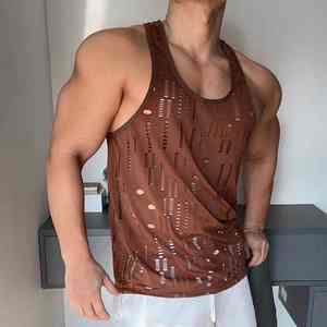 Débardeur d'été pour hommes Sexy Thin Vest in Black pour Disco Fitness Sports Casual Style Breathable with Ripped Hole Hollow Design - Product Image 6