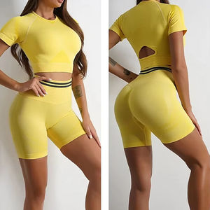 Personalizado gimnasio deporte fitness entrenamiento sin costuras mujeres/damas alta cintura sin costuras Yoga pantalones cortos entrenamiento Fitness correr conjunto - Product Image 5