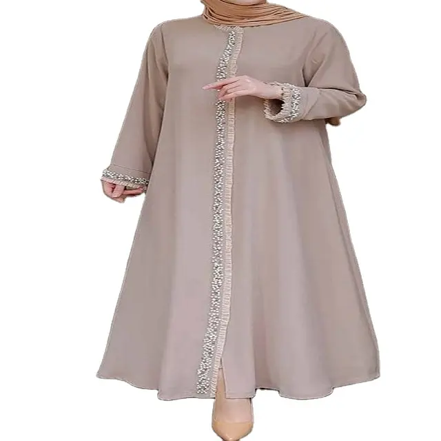 Abaya abiti da festa Abaya Dubai 2023 stampato manica lunga con scollo a v bottone nastro Trim cintura caftano Abaya per le donne abito musulmano