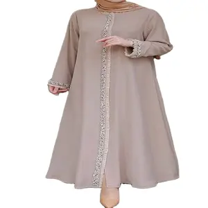 Abaya Gaun Pesta Abaya Dubai 2023 Cetakan Lengan Panjang V-Neck Kancing Pita Potong Berikat Kaftan Abaya untuk Wanita Gaun Muslim
