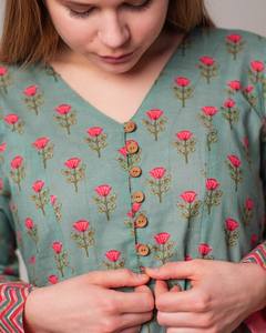 Bohemian Lalana Calf Length Dress Hand Block Printed Floral Green Pink Casual Occasional Wear - Product Image 6