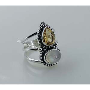 925 Sterling Silver Handmade <b>Statement</b> <b>Ring</b> for Women Natural Citrine and Rainbow Moonstone November Birthstone Gift - Product Image 4