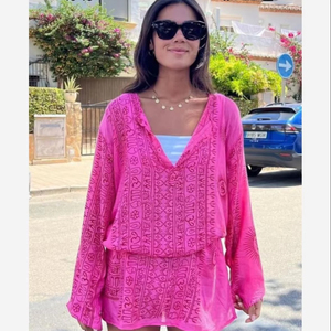 Kurta ample à manches courtes et col en V pour filles, style bohème vintage, en rayonne, imprimé floral OM, lettres paisley, taille naturelle, lavable - Product Image 1