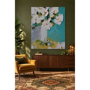 Impression sur toile de fleurs blanches texturées sur fond turquoise Fida - Product Image 4