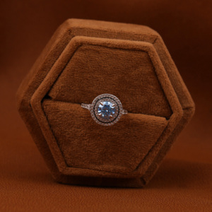 Blue Round Cut Lab Grown Diamond Half Eternity Double Halo Engagement Ring With Tiney Lab Grown Diamond Engagement Ring - Product Image 6