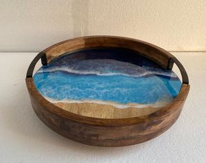 Bandeja de madera Lazy Susan con mango de hierro de dos lados Pulido de madera natural y revestimiento de polvo negro Forma redonda para servir - Product Image 2