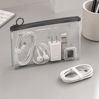 Sac de rangement zippé en PVC transparent avec anneau de traction gris pour chargeurs, écouteurs, câbles USB et accessoires technologiques – Vente en gros, personnalisable
