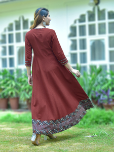Angrakha de Algodón Estampado para Mujer, Estilo Anarkali Kurta, Largo hasta la Pantorrilla, Cuello en V, Manga Tres Cuartos, Ropa Tradicional Étnica, Color Granate - Product Image 4