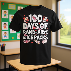Camiseta de Enfermera Escolar con Diseño de 100 Tiritas y Bolsas de Hielo, Promocional para 100 Días de Escuela - Product Image 3