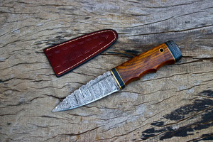 Handmade Luxurious Damascus Sgian Dubh Knife High-Polish Finish Right-Handed Wooden Fixed Hunting Outdoor Utility <b>Leather</b> Sheath - Product Image 5