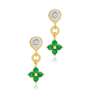 Pendientes de Botón con Diseño de Flor y Circonita Esmeralda Pequeña, Joyería de Plata de Ley 925 Hecha a Mano en Turquía, Venta al por Mayor - Product Image 3