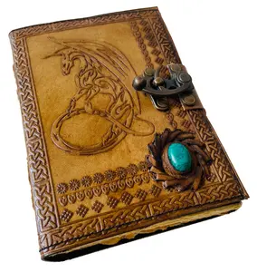 Vintage Handmade Large Embossed Leather Journal dugenous and dragon Personal Diary Notebook Journal Gift Dragon with Stone