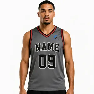 Maillot de basket-ball gris personnalisé pour hommes, col en v, sans manches, impression sublimée, nom numéro 09, coupe régulière, évacuation de l'humidité, 100% - Product Image 1