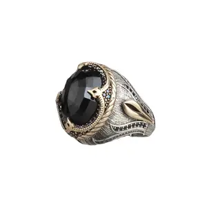 Black Zircon Stone Traditional Motif Men Ring 925 Sterling Silver Turkish Wholesale Silver Jewelry Turkish Handmade Men Ring