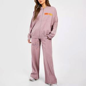 Ensemble de survêtement décontracté pour femme, style nouveau, hiver, à capuche, lavage à l'acide, fermeture éclair |   Ensemble de sport à manches longues avec fermeture éclair OEM - Product Image 1