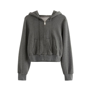 Wholesale Custom Women's Cotton Terry Long Sleeve Zip up <b>Cropped</b> Turtleneck Hoodies Breathable and Anti-Wrinkle with Front Logo - Product Image 1