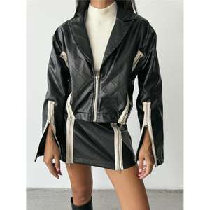 เสื้อแจ็คเก็ตหนังทรงครอปแบบควิลท์ พร้อมซิป แต่งดีเทลสีดำ - Product Image 3