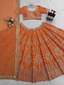Premium Faux Georgette Polyester Lehenga Choli Set Heavy Sequin Thread Embroidery <b>Flared</b> <b>Skirt</b> Cancan Matching Dupatta Bollywood - Product Image 4