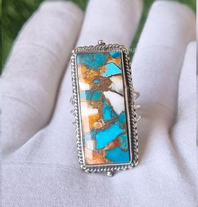 Anillos Finos de Plata de Ley 925 con Diseño Clásico, Estilo Bohemio, con Turquesa de Cobre Espinoso en Engaste de Bisel, Forma Rectangular de 9x18 mm - Product Image 6