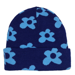 Bonnet en tricot personnalisé avec motif imprimé intégral, 100% acrylique, bonnets d'hiver en tricot, unisexe, femmes, fleurs bleues, bonnets à revers - Product Image 1