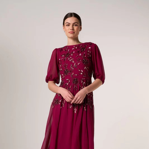 ชุดเดรสสีแดงเข้มชุดราตรียาวครึ่งแขนขนาดใหญ่พิเศษชุดเดรสออกงานปักลายคอกลมสำหรับงาน - Product Image 1