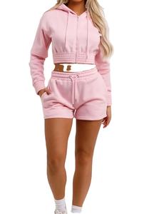 Personnalisé Beige 2 Pièces Ensemble Drop Shoulder Femmes Hoodies & Shorts Streetwear Cropped Zip Hoodie Survêtement Ensemble 2026 - Product Image 6