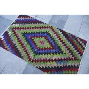 Ethnic Green Blue Wool <b>Rug</b> 2.7 X 4.6ft Large Area Turkish Carpet Rectangle Patchwork Design for Living Room <b>Hallway</b> Latex - Product Image 4