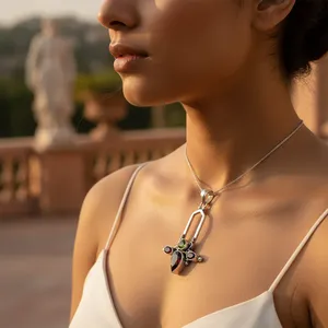 Pendentif en argent 925 avec grenat et péridot pour femmes, bijoux en pierres précieuses faits à la main avec placage rhodium, pendentifs en or blanc - Product Image 2