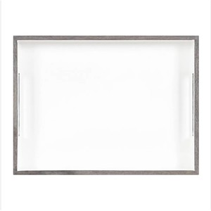 Plateau d'accent de ferme contemporain du principal fabricant, décor de service, bois de manguier massif délavé blanc et gris avec verre, style artistique - Product Image 4