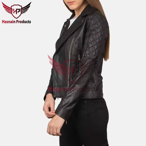 Womens Real Black Leather Biker <b>Jacket</b> Asymmetric Zip Lapel Collar Quilted Sleeve Sheepskin Coat Zip Pockets Slim Outwear New - Product Image 3