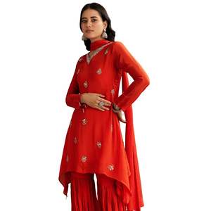 Orange Chinon asymétrique coupe Kurta Sharara avec Dupatta élégant femmes ethnique tenue de fête tenue de fête pour les occasions - Product Image 3