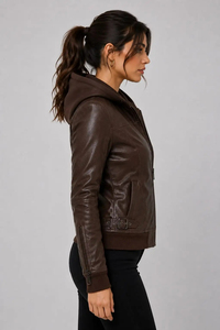 Blouson Bomber de Luxe pour Femme en Cuir Espresso avec Capuche en Polaire, Coupe Sculptée, Fermeture Éclair Intégrale, Poignets et Ourlet Côtelés, Poches Latérales, Style Streetwear - Product Image 3