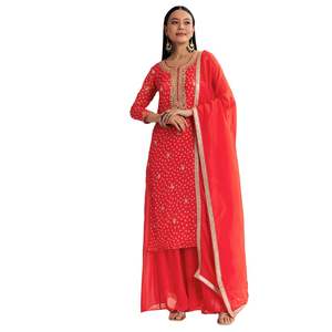 Arancione brillante Bandhani Kurta Palazzo completo con paillettes e Zardosi lavoro all'ingrosso donna abbigliamento etnico OEM fabbrica fornitore di massa - Product Image 1