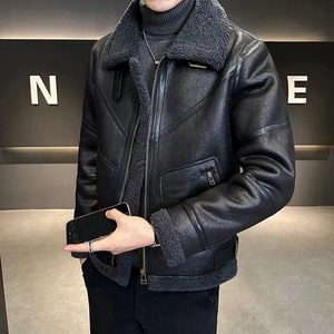 Fourrure Un Manteau pour Hommes Nouveau Hiver Peau de Mouton Cuir Toile Revers Veste pour Moto - Product Image 4