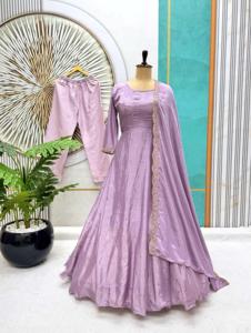 Elegante vestido de fiesta amarillo Anarkali Kurti con Dupatta verde oliva - Product Image 4