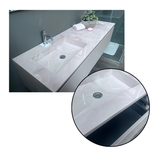 Mueble de Baño Rosa de Pared de Alta Calidad y Elegante con Lavabo Integrado con Efecto Mármol Rosa, Cajones Color Rosa Mate, Hecho a Mano - Product Image 3