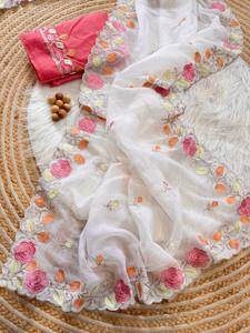 Hermoso Chiffon Crujiente con Bordado, Sari, Fabricante y Proveedor de Moda Femenina de la India - Product Image 3