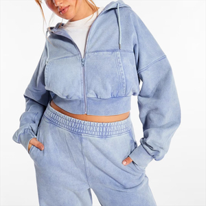 Ensemble de survêtement pour femme de qualité supérieure, sweat-shirt à capuche court personnalisé et pantalon de survêtement d'hiver, jogging zippé avec logo sur le devant, ensemble 2 pièces - Product Image 5