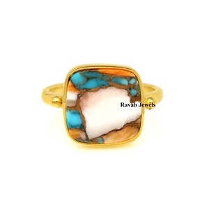 2025 Best Selling Women's Fine <b>Ring</b> 12mm Spiny Oyster Copper Turquoise <b>Cushion</b> 925 Sterling Solid Silver Eternity Vermeil Bezel - Product Image 2