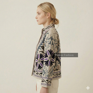 Veste Suzani en velours de coton tricoté à la main |   Manteau d'automne/hiver bohème pour femmes |   Broderie à motifs floraux écologiques - Product Image 3